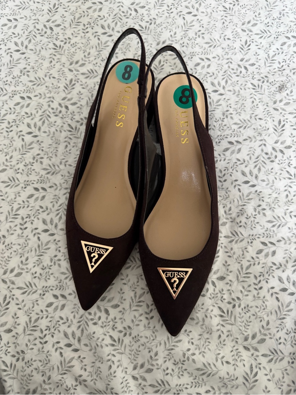 GUESS Dark Brown Pointed Slingback Mules with Gold Logo